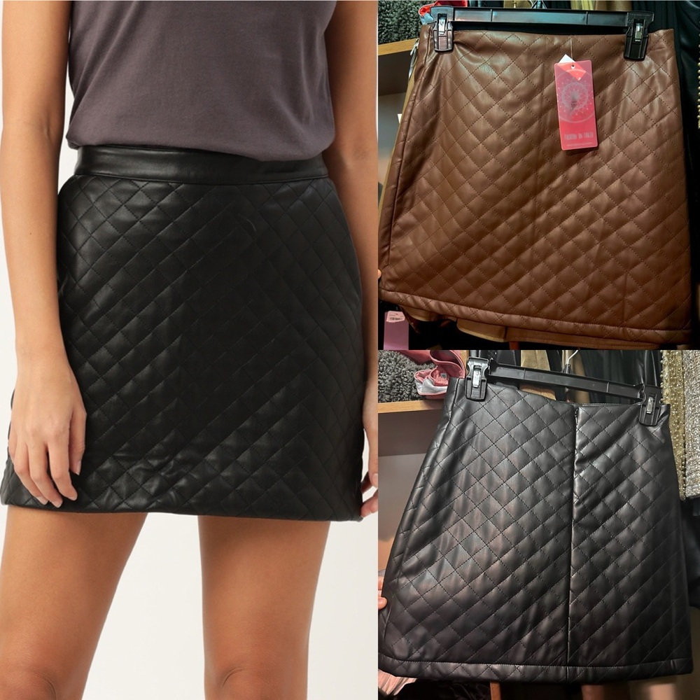 NWT brown quilted diamond detail faux leather mini skirt (zipper back) - Picture 2 of 6